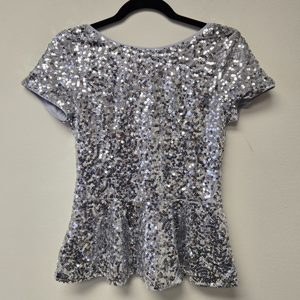 Moa Moa Sequin Peplum Top Silver M